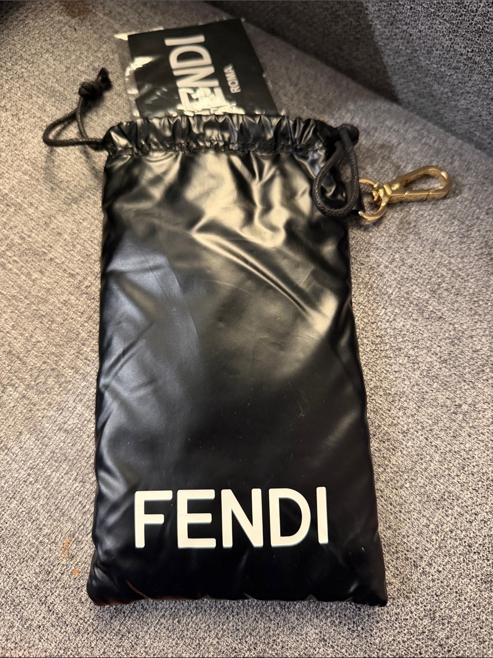 Fendi Black Drawstring Pouch with White Logo and Gold-Tone Clip